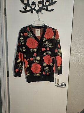 Tea Collection Black Cardigan with Red Floral Print